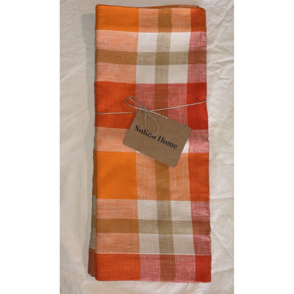 Solino Home Table Runner 100% Linen in Pumpkin Buffalo Check - 14x46 In - NWOB